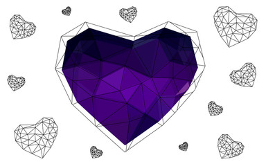 Dark purple heart isolated on white background with pattern consisting of triangles.