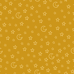 Seamless pattern with cartoon stars and moon on yellow backgroun