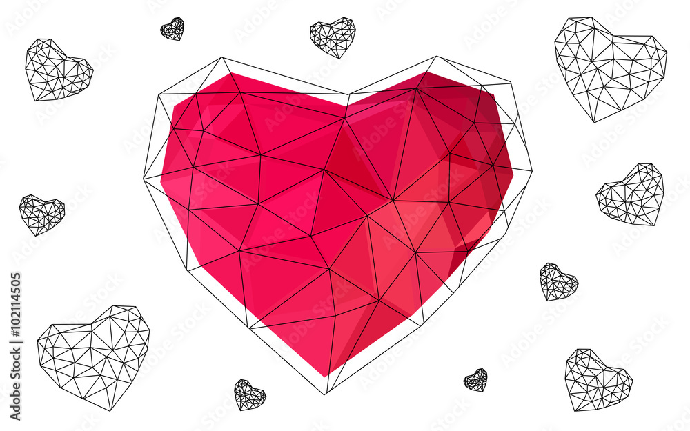 Poster light red heart isolated on white background with pattern consisting of triangles.