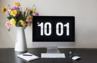 Workspace with computer at home or in the studio , a desk with f