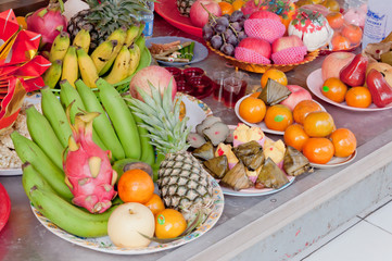 Fruit at Chinese Temple in Chinese New Year Festival.(Soft focus.)