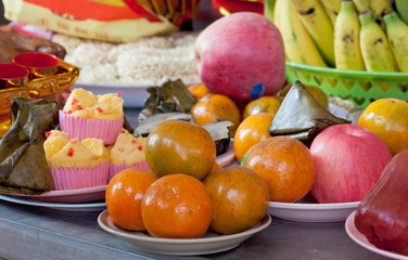 Fruit at Chinese Temple in Chinese New Year Festival.(Soft focus.)