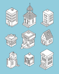 Set of Isometric Buildings. Black and white vector illustration