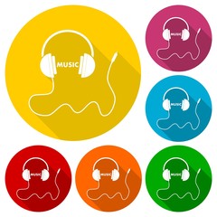 Headphones with cord and word Music icons set with long shadow