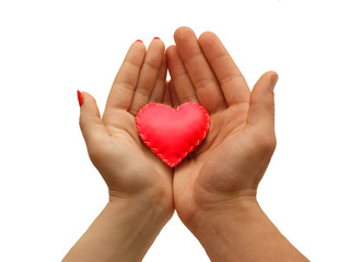 woman's hand and men's hand together  hold a red heart, isolated