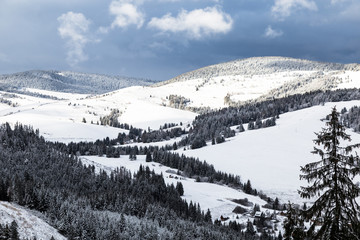 Fototapeta na wymiar Top view of snow covered valley