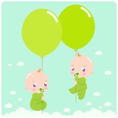 Cute newborn twin babies flying in the sky holding  balloons. Vector illustration