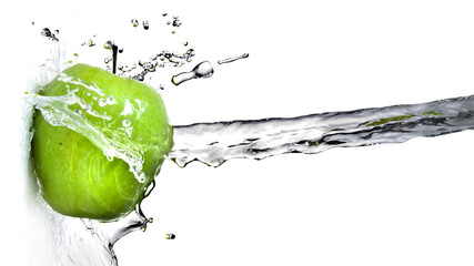 fresh water splash on green apple isolated on white