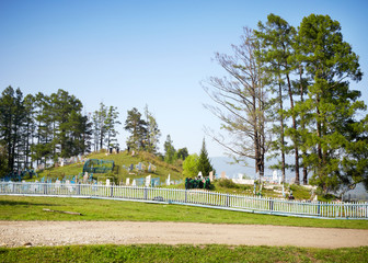 Orthodox cemetery on the hill among the trees