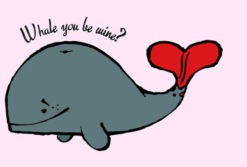 Whale in love. Valentine's Day vector illustration.