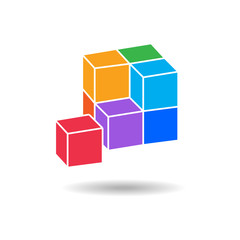 Obraz premium Cube composition icon. Perspective view. Pyramid of five blocks. Association, union, join, building, logo, project, game symbol. Infographic elements. Vector