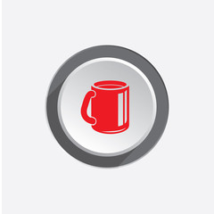 Drink glass icon. Plastic, paper cup symbol. Red sign on round three-dimensional white-gray button. Vector 