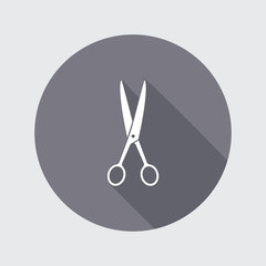 Scissors, shears icon. Tool for cuting. Haircut, sewing, fix symbol. Round gray button with long shadow. Vector