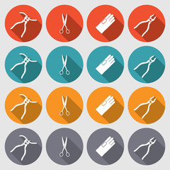 Tool icons set. Pliers, gloves, tongs, scissors. Repair fix symbols. Round red, orange, turquoise, gray colored circle flat signs with long shadow. Vector
