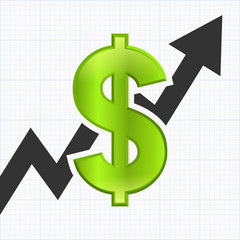 Dollar sign with graph chart, increasing value, vector illustration