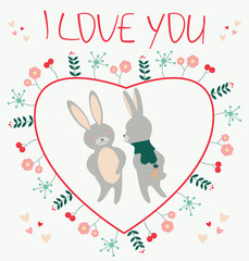 Obraz na płótnie Canvas I love you. Romantic card with couple rabbits lovers illustratio