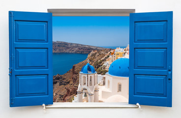 Window with view of caldera and church with blue domes , Oia, is