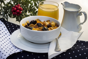 Healthy breakfast concept with cereal, milk and orange juice 