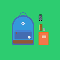 Backpack with multiple items. Flat style illustration.
