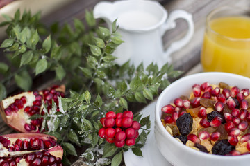 Healthy breakfast concept with cereal, milk and orange juice 