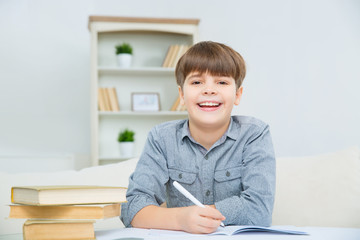Beautiful happy child smiling while doing homework