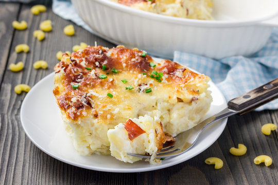Bacon lovers mac and cheese in baking dish