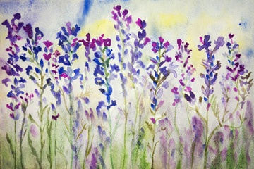 Lavender in the field. The dabbing technique gives a soft focus effect due to the altered surface roughness of the paper.