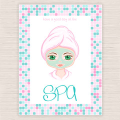 vector illustration of spa party invitation with colorful mosaic frame with woman with head wrapped towel and cosmetic facial mask