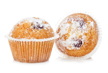 Blueberry muffins close-up isolated on a white background.
