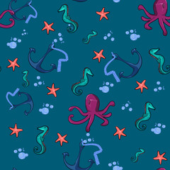 seamless pattern with sea creatures and anchors.