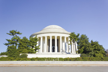 Iconic view of the classically styled, circular colonnaded Thomas Jefferson Memorial designed by John Russell Pope, National Mall & Memorial Parks, Washington DC