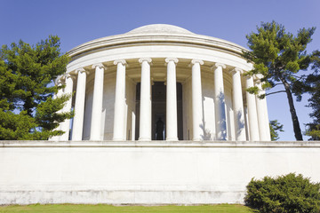 View of the domed roof and Ionic Order colonnade of the Thomas Jefferson Memorial designed by John...