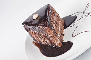 Chocolate cake Covered with chocolate sauce and hazelnut