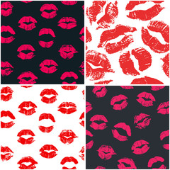 Set of 4 seamless patterns with lipstick kisses