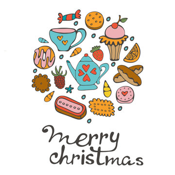 Merry Christmas card with hand drawn sweets and desserts