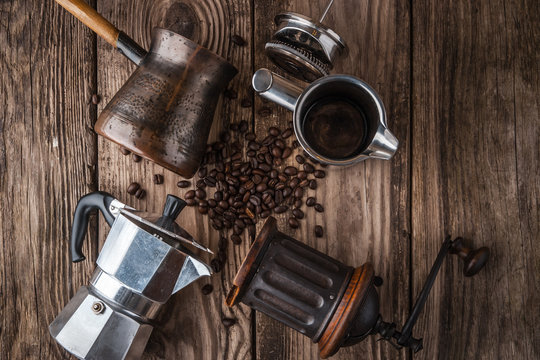 Accessories for coffee on the wooden table