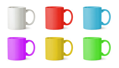 Six mugs of various colors