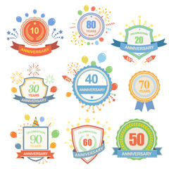 Anniversary celebration emblems set with ribbons isolated illustration