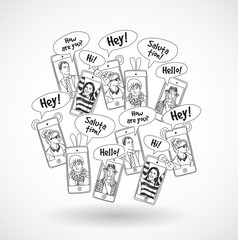 Mobile phones group happy communication people black lines.