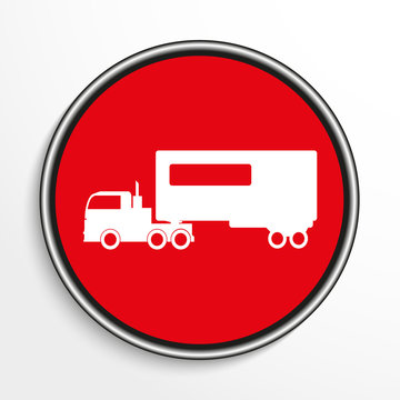 Truck with trailer. White vector icon on a red background.