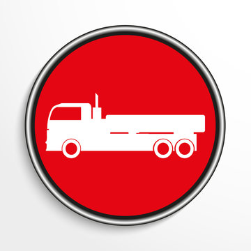 Truck. White vector icon on round red background.