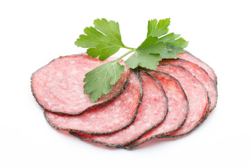 Sausage slices isolated on white background cutout.