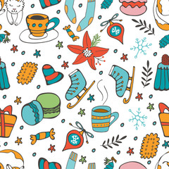 Cute hand drawn seamless pattern of winter related graphics