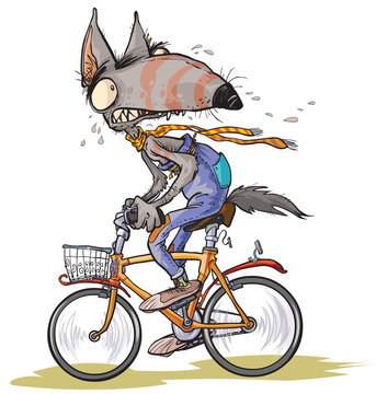 Funny Frightened Wolf Rides A Bike.