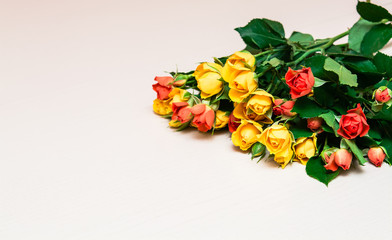Yellow and red roses on a light wooden background. Women' s day,