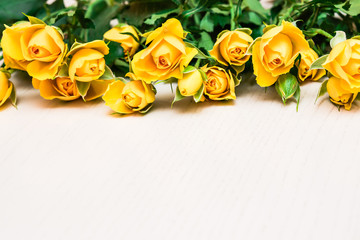 Yellow roses on a light wooden background. Women' s day, Valenti