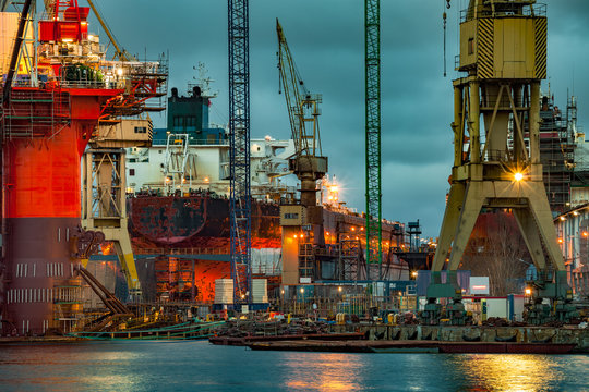 Shipyard Industry - Ship Under Construction In Gdansk, Poland.