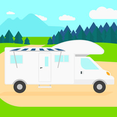 Background of motorhome in the forest.