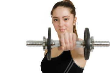 Young athletic woman with dumbbells, isolated on white