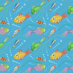 Vector seamless pattern with hand drawn fishes, seaweeds and bubbles. Tropical sea life design for cloth, web, wallpaper, wrapping.
